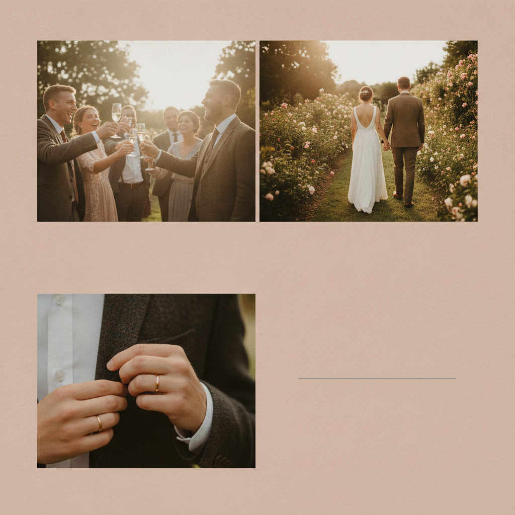 Moodboard: warme, ungestellte Reportage-Hochzeitsfotografie in weichem Tageslicht
